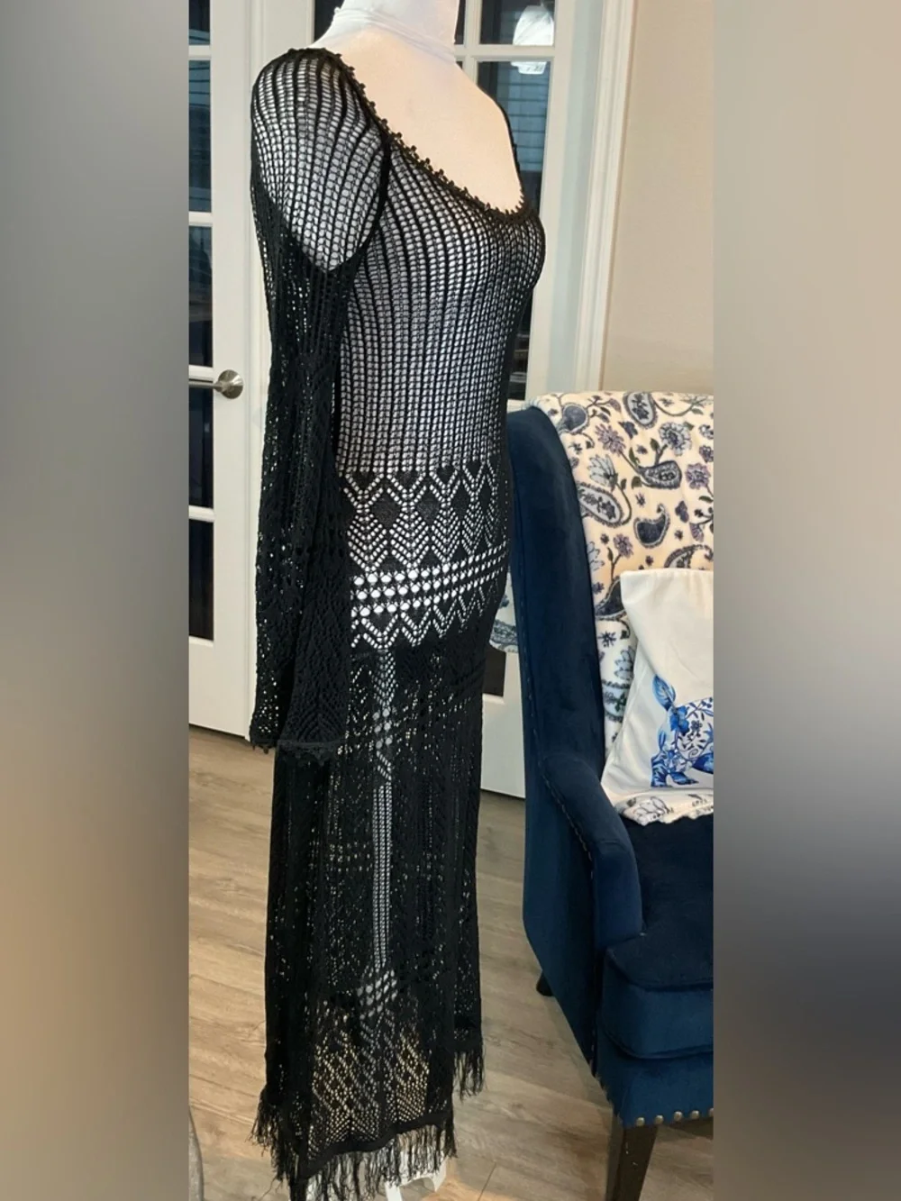 Cider Black Crochet Open Knit Maxi Dress Long Flare Slv., Fringe Hem Size M NWT - Picture 4 of 13